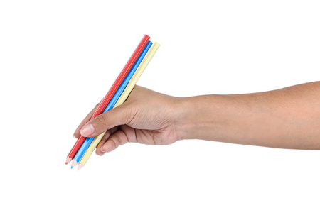 Female hand with colorful pencil isolated on whiteの写真素材
