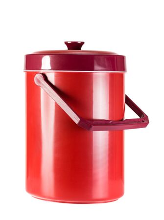 Handheld red refrigerator isolated on whiteの写真素材