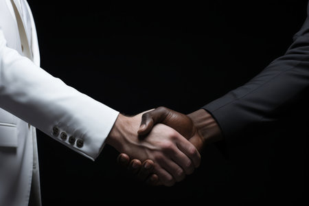 Two hands engaged in a firm handshake, symbolizing diversity and partnership, isolated on black.の素材