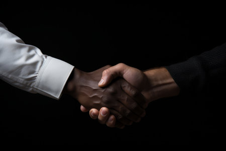 Two hands engaged in a firm handshake, symbolizing diversity and partnership, isolated on black.の素材