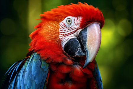 Detailed close-up of a Scarlet Macaw's face, showcasing its colorful feathers and distinctive beak.の素材