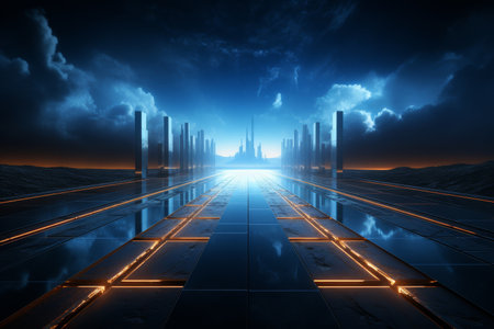 Digital art of a futuristic city with glowing neon lines under a twilight sky, symbolizing advanced urban development.の素材