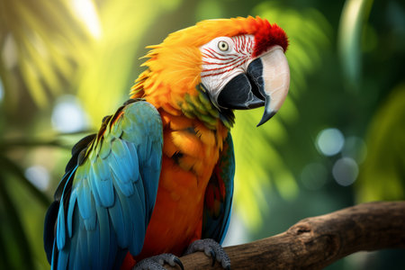 Detailed close-up of a Scarlet Macaw's face, showcasing its colorful feathers and distinctive beak.の素材