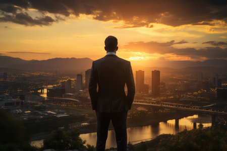 Back view of a businessman on a skyscraper's balcony gazing at the sunrise over a sprawling cityscape.の素材