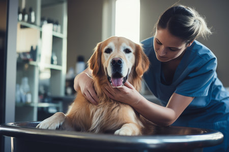 A dedicated veterinarian in a clinic attentively examines a cooperative Golden Retriever, ensuring its health and well-being.の素材