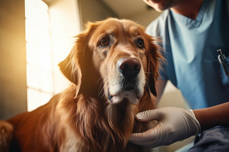 A dedicated veterinarian in a clinic attentively examines a cooperative Golden Retriever, ensuring its health and well-being.の素材