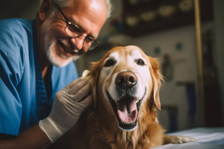 A dedicated veterinarian in a clinic attentively examines a cooperative Golden Retriever, ensuring its health and well-being.の素材