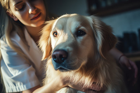 A dedicated veterinarian in a clinic attentively examines a cooperative Golden Retriever, ensuring its health and well-being.の素材