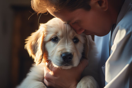 A compassionate veterinarian in scrubs gently cradles a young Golden Retriever puppy during a check-up.の素材