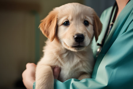 A compassionate veterinarian in scrubs gently cradles a young Golden Retriever puppy during a check-up.の素材