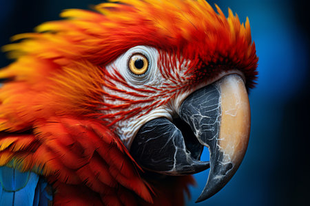 Detailed close-up of a Scarlet Macaw's face, showcasing its colorful feathers and distinctive beak.の素材