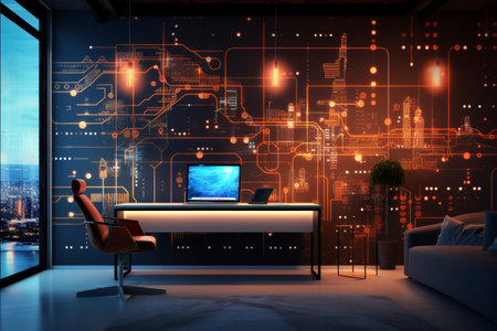 An elegantly designed modern home office with a futuristic circuit wall, illuminated by ambient lighting, overlooking a cityscape at night.の素材