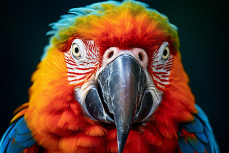 Detailed close-up of a Scarlet Macaw's face, showcasing its colorful feathers and distinctive beak.の素材