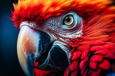 Detailed close-up of a Scarlet Macaw's face, showcasing its colorful feathers and distinctive beak.の素材