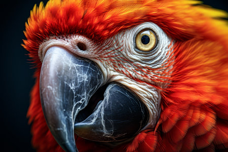 Detailed close-up of a Scarlet Macaw's face, showcasing its colorful feathers and distinctive beak.の素材