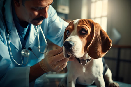 An experienced veterinarian in blue scrubs is performing a routine examination on an attentive Beagle in a vet clinic setting.の素材