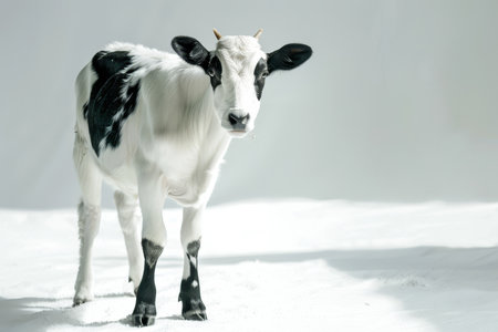 A young Holstein calf stands curious and alert on a pristine white snow background, presenting a stark and beautiful contrast.の素材