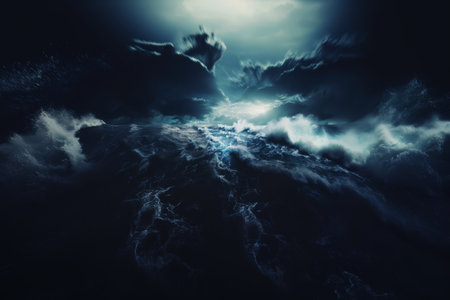 The untamed beauty of the sea captured with towering ocean waves reaching for a dark, stormy sky at the edge of twilight.の素材