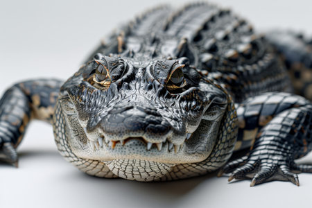 crocodile with textured skin, isolated on a white background, showcasing its predatory features.の素材