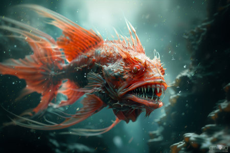 Demon fish ; coral reef; marine life; underwater; predator; fin rays; swimming; aquatic; ocean; venomous; fish; sea; natural habitat; wildlife; scuba diving; exotic; tropical fishの素材