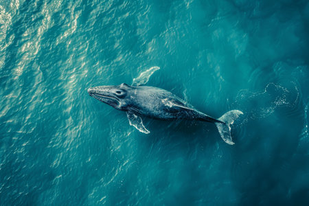 whale captured from above, gracefully gliding through the serene turquoise ocean depths.の素材
