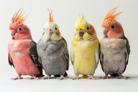 Four vibrant cockatiel parrots lined up on a wooden perch against a grey background, showcasing their colorful feathers.の素材