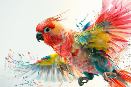 Dynamic artwork of a parrot with a burst of paint splashes, symbolizing vibrant life and creativity in motion.の素材