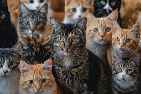 Close-up portrait of an adorable group of kittens with striking orange eyes, attentively gazing upwards.の素材