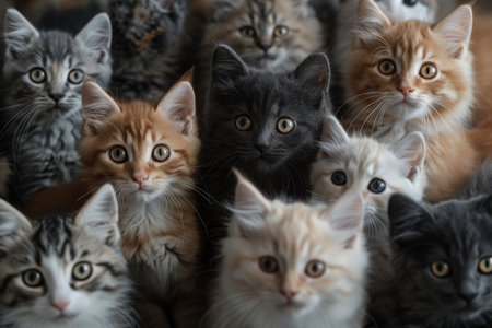 Close-up portrait of an adorable group of kittens with striking orange eyes, attentively gazing upwards.の素材