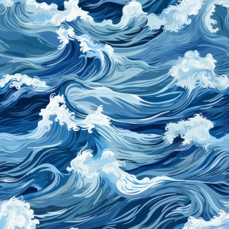 Artistic representation of ocean waves in various shades of blue, capturing the movement and fluidity of the sea.の素材