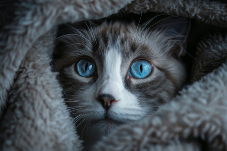 A captivating blue-eyed cat peers out from the comfort of a fuzzy blanket, its gaze both curious and enchanting.の素材