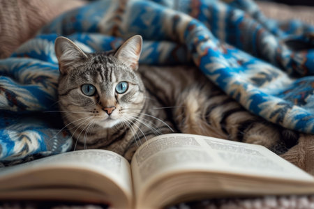 A charming tabby cat peeks with wide, curious eyes over an open book, comfortably nestled under a cozy knitted blanket.の素材