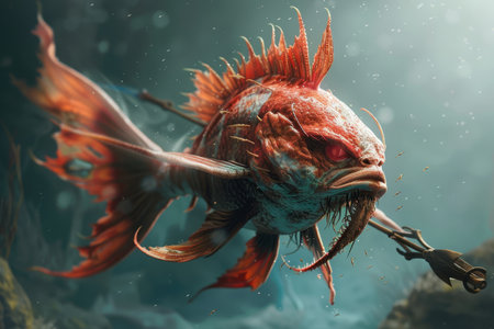 A fantastical interpretation of deep-sea life, this image captures a vibrant, otherworldly fish with intricate details, set in an underwater scene.の素材