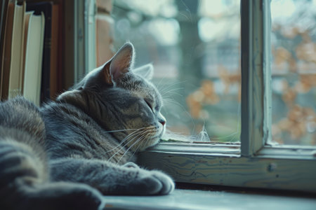 A serene ginger cat basking in the warm sunlight by a rustic window, reflecting a moment of peaceful bliss.の素材