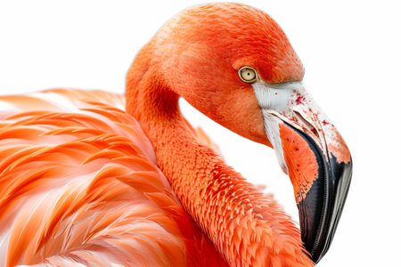 Intimate close-up of a flamingo, showcasing its vivid orange plumage and the intricate details of its beak, isolated on a white background.の素材
