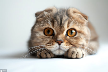 An adorable Scottish Fold kitten gazes curiously at the camera, its big, soulful eyes and folded ears capturing the heart, set against a pure white background.の素材