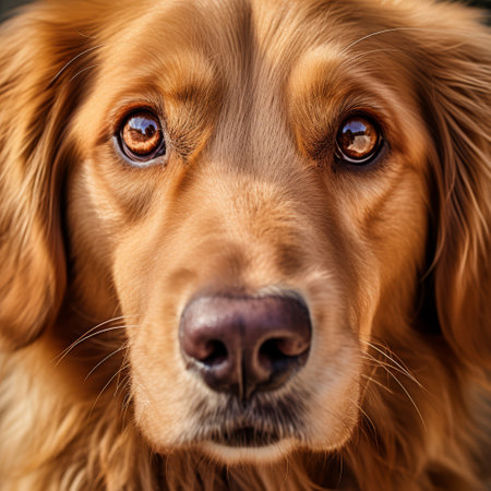 A captivating close-up of a golden retriever's face, focusing on its soulful brown eyes and expressive features.の素材