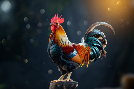 A majestic rooster stands atop a stump, its vibrant and colorful plumage gleaming against a softly blurred background with twilight bokeh.の素材