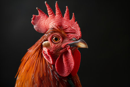 A majestic rooster stands atop a stump, its vibrant and colorful plumage gleaming against a softly blurred background with twilight bokeh.の素材
