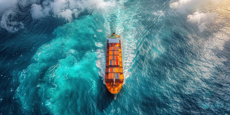 A massive cargo ship laden with containers braves the tumultuous sea, cutting through towering ocean waves as a storm looms on the horizon.の素材
