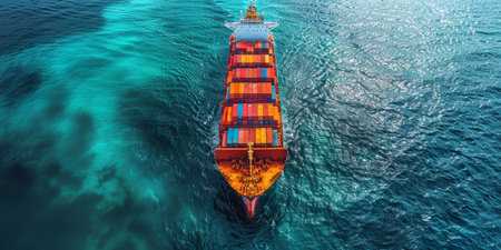 A massive cargo ship laden with containers braves the tumultuous sea, cutting through towering ocean waves as a storm looms on the horizon.の素材