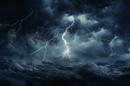 A nocturnal ocean scene fiercely illuminated by an intense web of lightning bolts, showcasing the dramatic beauty of a thunderstorm at sea.の素材