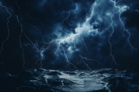 A nocturnal ocean scene fiercely illuminated by an intense web of lightning bolts, showcasing the dramatic beauty of a thunderstorm at sea.の素材