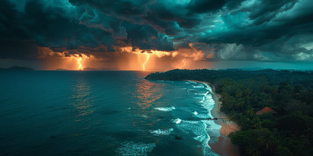 A dramatic evening storm with multiple lightning strikes over a dark, tropical coastline, capturing nature's raw power.の素材