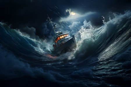 Dramatic scene of a fishing boat navigating through towering waves under a tempestuous night sky, embodying the power of nature.の素材