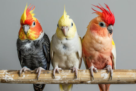 Four vibrant cockatiel parrots lined up on a wooden perch against a grey background, showcasing their colorful feathers.の素材
