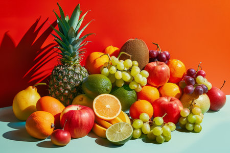 Vibrant and colorful arrangement of various fresh fruits with lush green leaves, set against a dark, elegant backdrop.の素材