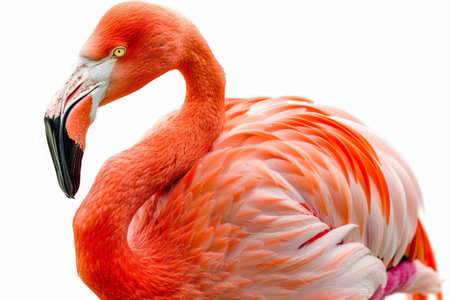 Intimate close-up of a flamingo, showcasing its vivid orange plumage and the intricate details of its beak, isolated on a white background.の素材