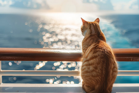 A ginger cat sits peacefully on a cruise ship deck, gazing at the shimmering ocean under the golden sunset.の素材