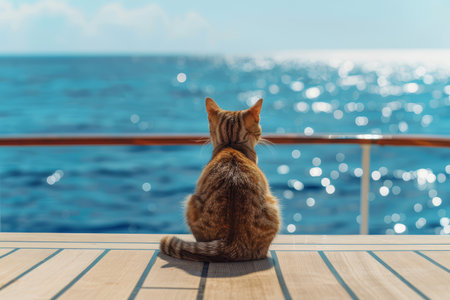 A ginger cat sits peacefully on a cruise ship deck, gazing at the shimmering ocean under the golden sunset.の素材